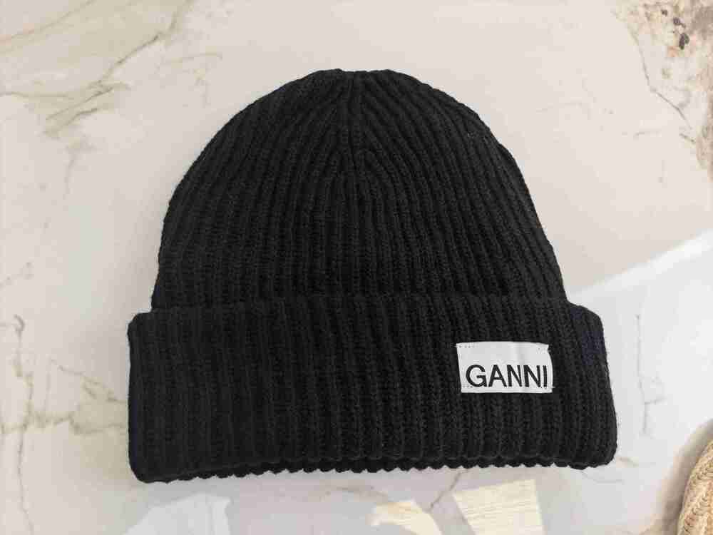 GANNI Black Ribbed Cuff Beanie Signature Woven Logo Tag Knit Hat